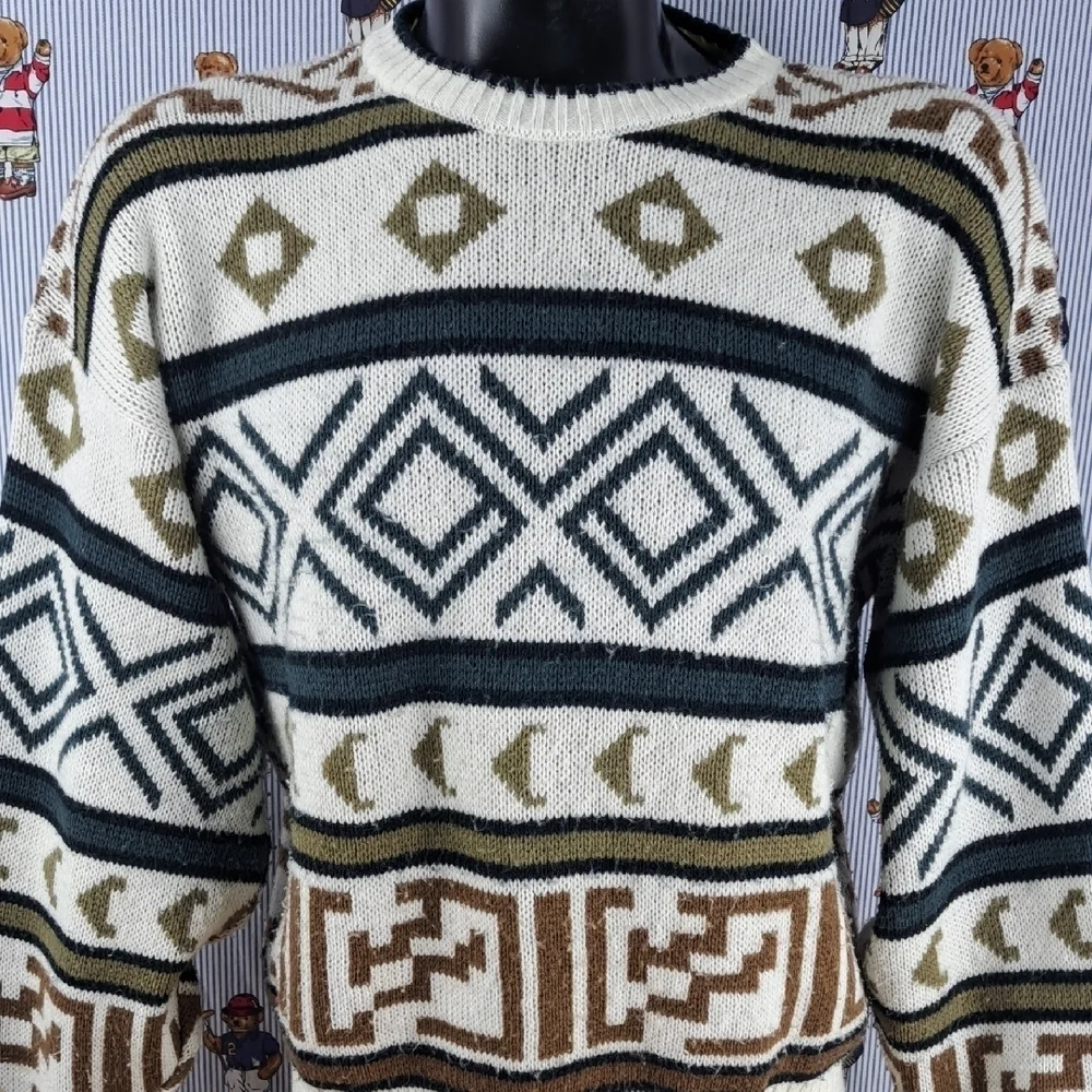 Vintage Gitano geo chunky stripe white & blue casual Med tight knit sweater